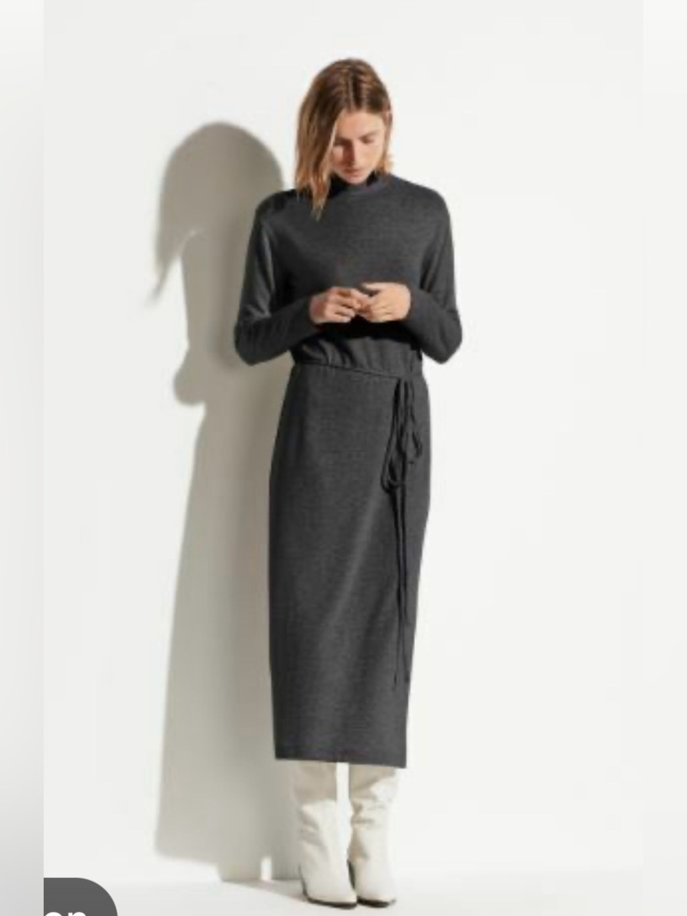Vince Long Sleeve Waist Tie Mock Neck Knit Dress | Charcoal | Size Small